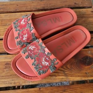 MELISSA MLSA Beach Slide Sandal Pixel Floral Sz 6 Pink Red Rose Cross Stitch